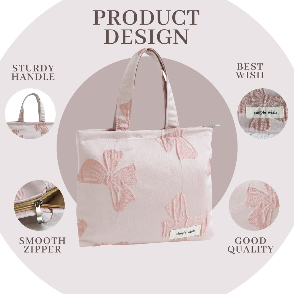 Wudygirl Bow Makeup Bag Travel Cosmetic Bag for Women Small Makeup Pouch with Handle Zipper Cosmetic Pouch Handbag Aesthetic (Pink Bow)