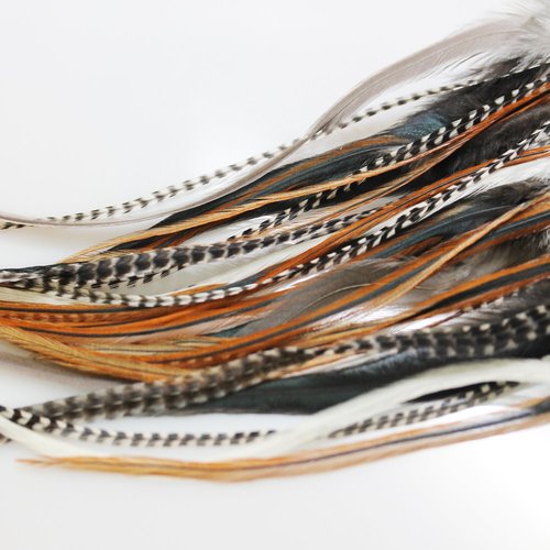 Sexy Sparkles Feather Hair Extensions - Natural Beige & Brown Feathers, 25 Individual Loose Feathers, 8-12 Inches, Includes 10 Silicone Micro Beads