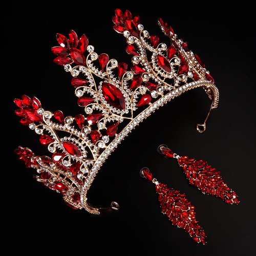 HEWEICSY Red Tiaras and Crowns for Women,Wedding Tiara for Bride,Rhinestone Queen Crown,Crystal Costume Hair Accessories for Birthday Prom