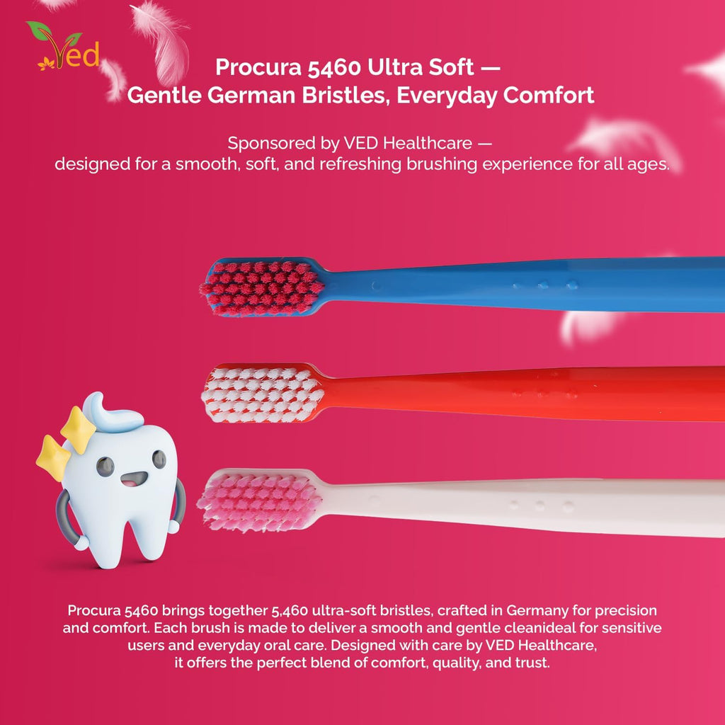 Ved Replacement Toothbrush Heads - Soft Bristle Pack for Adults | Medium & Extra Soft Options, 5,460 Bristles (Red, White, Dark Blue)