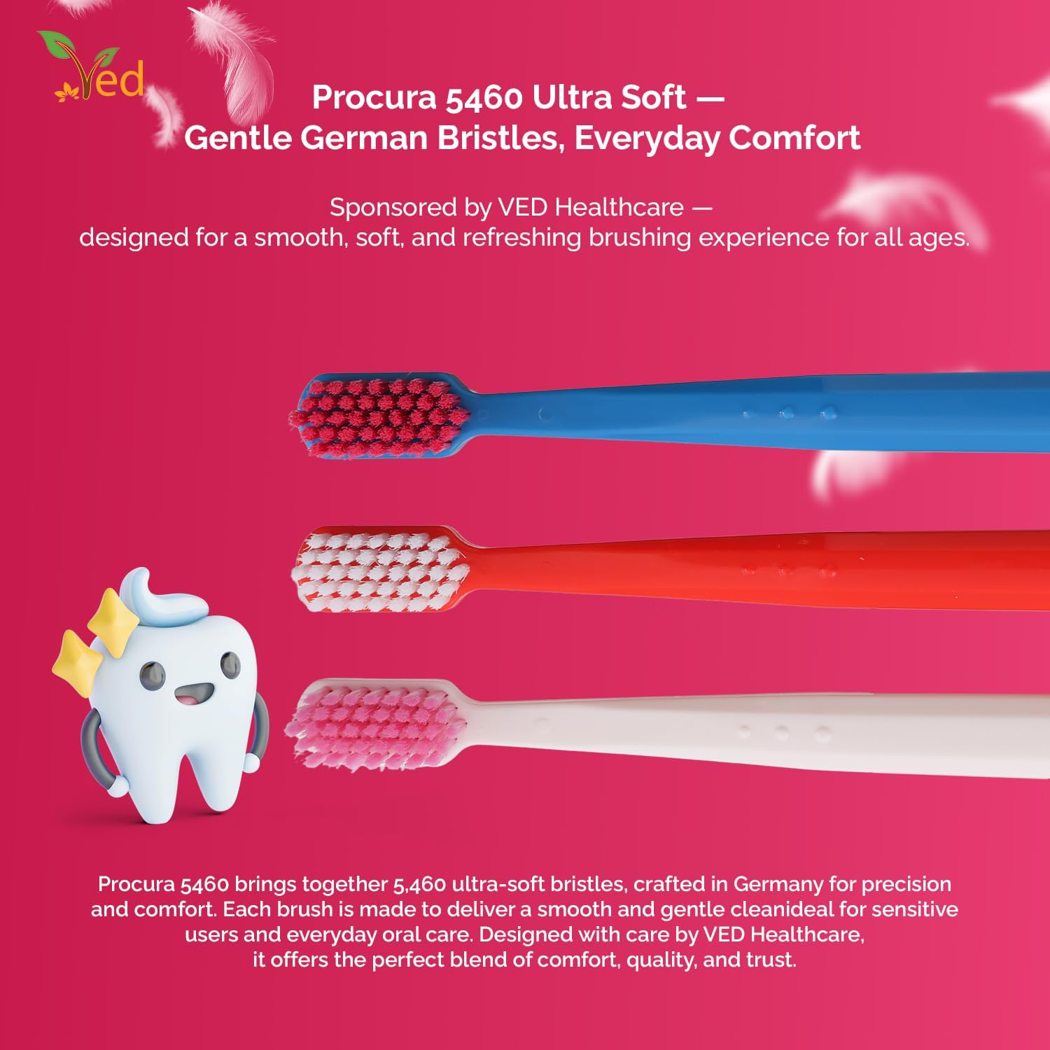 Ved Replacement Toothbrush Heads - Soft Bristle Pack for Adults | Medium & Extra Soft Options, 5,460 Bristles (Red, White, Dark Blue)