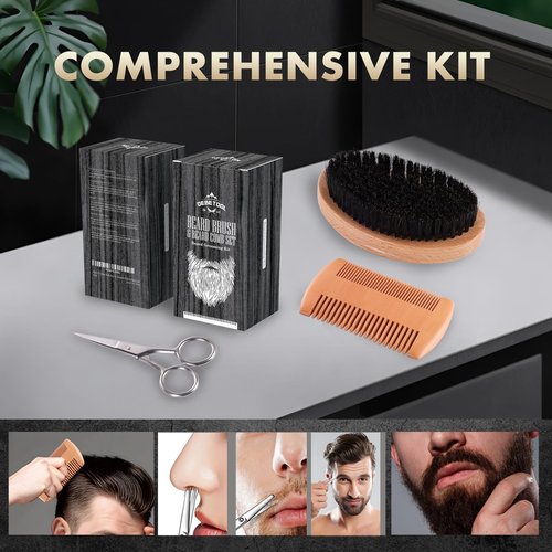 DEBETOOL Boar Bristle Beard Brush for Men - Wooden Beard Brush and Comb Set with Beard Scissors, Pocket Travel Men's Wooden Mustache Brush for Beard Care