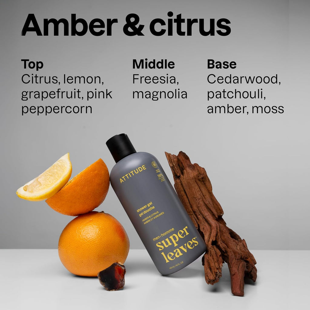 ATTITUDE Shower Gel for Men - 98% Natural Ingredients, Paraben-Free, EWG Verified | Amber & Citrus, 14 Fl Oz