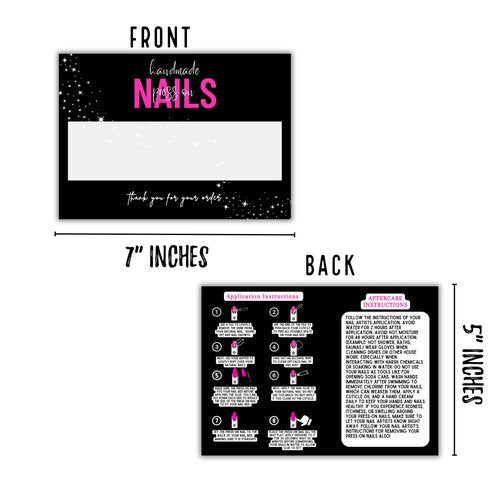Handmade Acrylic Press On Nails Display Card | 5x7” 30 pk | w/Application Aftercare Instructions Inserts Hot Pink & Black Add to Your Bags to Display Nails