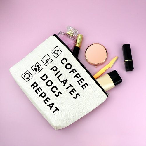 Mxrymvu Coffee Lover Gifts Makeup Bag Pilates Lover Gift Travel Bag Pilates Gifts for Women Birthday Zipper Pouch Funny Dog Lover Gifts New Pet Owner Gifts Coffee Pilates Dogs Repeat Cosmetic Bag