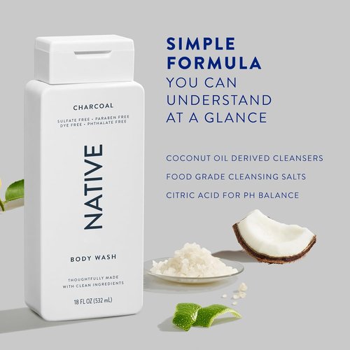 Native Body Wash - Naturally Derived Ingredients | Sulfate, Dye & Paraben Free | Charcoal, 18 oz (Pack of 2)