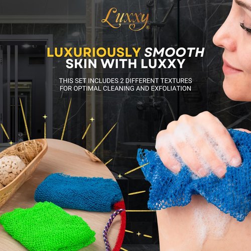 Luxxy® | 3 Pack Set 2 Soft African Exfoliating Nets & 1 Rough African Net Sponge with Handles For The Back, Neck or Feet, Black Women Owned, Achieve Smooth Soft Silky Skin, For Daily Use & Great Gifts