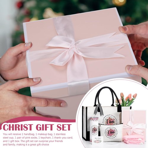 Paterr 7 Pcs Christian Gift for Women Include 20 oz Tumbler Religious Tote Bag Makeup Bag Socks Keychain Card Birthday Gifts(I Am)