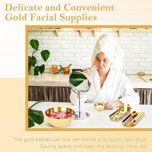 26 Gold Esthetician Supplies 3 Fan Brushes Esthetician 3 Facial Mask Mixing Bowls Large Gold Serving Bowls 3 Facial Flat Brushes Skincare Tray 3-Section Serving Tray 12 Facial Sponges 2 Spa Headbands