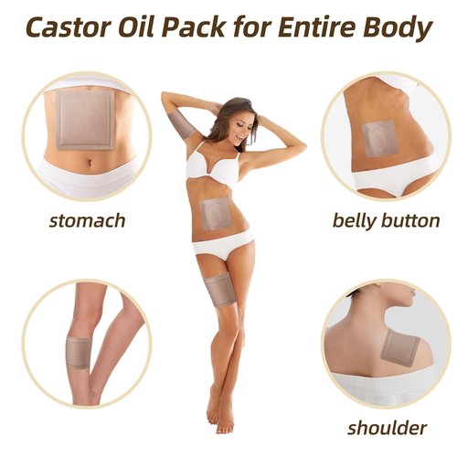 50Pcs Castor Oil Pack Wrap with 16oz castor oil Organic Cold Pressed Unrefined Glass Bottle,Disposable Castor Oil Patches for Belly Button,Stomach,Knee,Feet,Entire Body