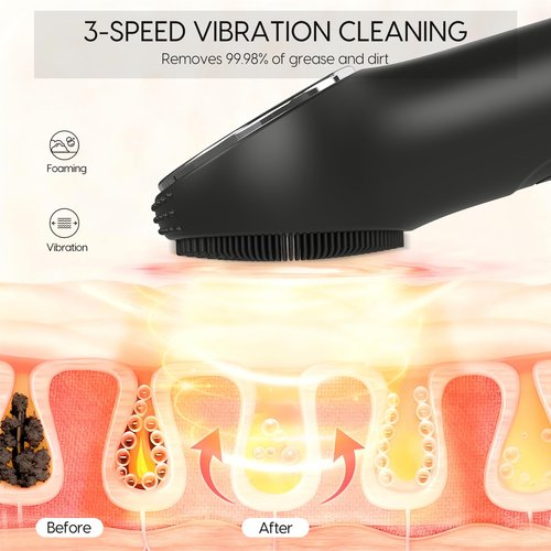 Silicone Facial Cleansing Brush, Portable Electric Face Scrubber with Heat and Vibration, 3 Modes Adjustable, Waterproof IPX6, USB-C Rechargeable, Deep Cleansing, Exfoliating and Massage（Black）