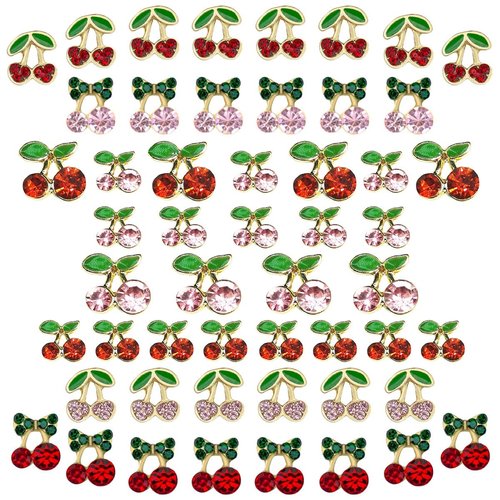 qiipii 52Pcs 4 Styles 3D Cherry Nail Charms Red Pink Cherries Nail Art Rhinestones Shiny Gems Studs Cute Fruit Diamonds Crystals Luxury Jewelry Supplies for Nails Face Makeup Women DIY Crafts Phones