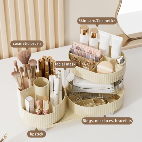 DASITON Makeup Organizer Countertop, 360° Rotating Makeup Brush Holder Organizer, Large Capacity Cosmetic Display Case with Drawers, Makeup Storage Organizer for Vanity, Desktop, Bathroom (Cream 01)