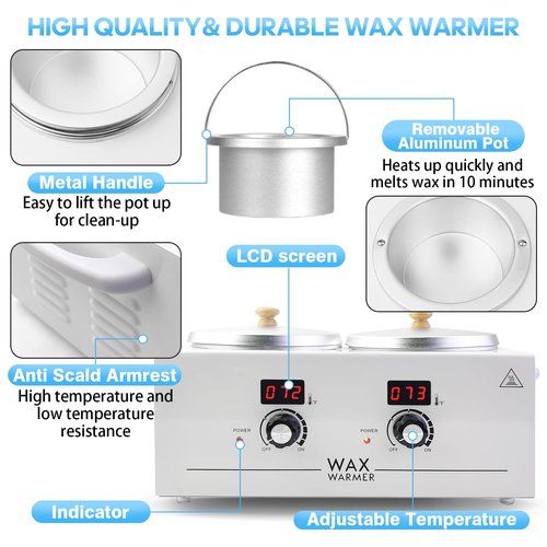 Portable Wax Warmer Machine for Painless Hair Removal, Women Men Professional Wax Heater with Adjustable Temperature Set, 20pcs Sticks (White - Double Pots-Digital)