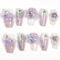 Handmade Fake Nails Long Purple Rhinestones Bow Flowers Design Press-on Nails Printing Glitter Silver Butterfly False Tips 10Pcs Size L