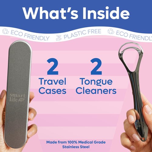 **Tongue Scraper for Adults - Dual Head Stainless Steel Cleaner with Travel Case | Bad Breath Treatment | Essential Oral Care Kit, 2-Pack**