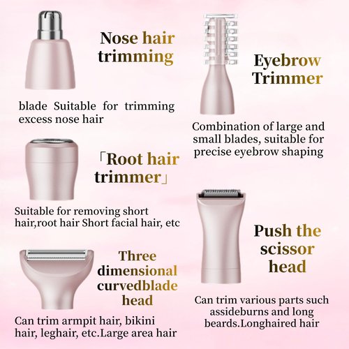 RFSCDI 5-in-1 Rechargeable Nose & Facial Hair Trimmer - IPX7 Waterproof Dual Edge Grooming Kit for Men & Women, Perfect for Hair Removal of Nose, Eyebrows, Arm, Bikini, and Ear Hair (Pink)