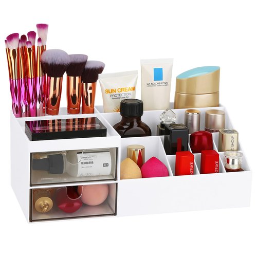 LETURE Desk Organizer, Cosmetic Makeup Vanity Organizer Box, Bathroom Counter Makeup Storage for Eyeshadows, Skin Care, Concealers, Powders, Nail Polish (White)