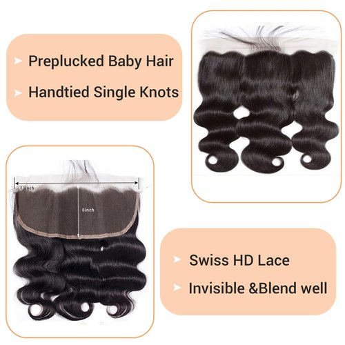 HD Lace Frontal 13x6 Transparent Ear to Ear Body Wave Frontal Human Hair 100% Unprocessed Virgin Lace Closure Human Hair Pre Plucked with Baby Hair 150% Density 12 Inch