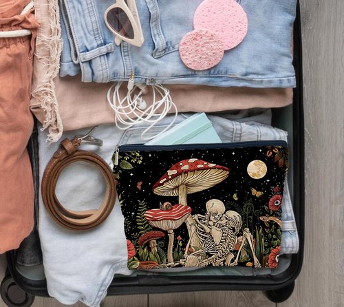 IWXYI Mushroom Skull Makeup Bag,Skeleton Gothic Mushroom Make up Bag Bag with Zipper Pouch for Travel & Toiletry