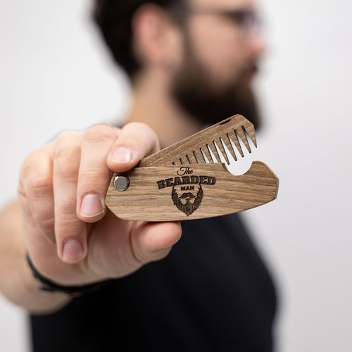 Enjoy The Wood Beard Comb for Men, Folding Pocket Beard Accessories for Men, Engraved Walnut Wooden Comb for Moustache, Beard & Hair For Him (Bearded Man)