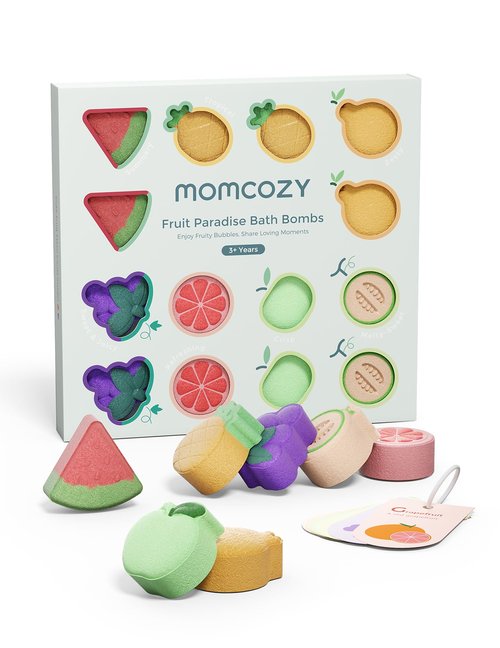 Momcozy 14-Pack Fruit Bath Bombs with Essential Oil, Ideal Christmas Gift for Happy Educational & Fun Bath Time, Bath Bombs Kit with 7 Cute Fruit Shapes, Ideal Gifts for Kids Girls Boys Toddlers