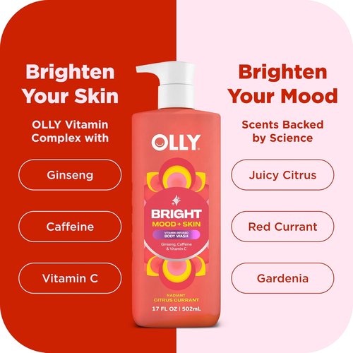 OLLY Bright Body Wash - Nourishing Ginseng & Caffeine Cleanser for Deep Hydration | Citrus Currant, 17 oz