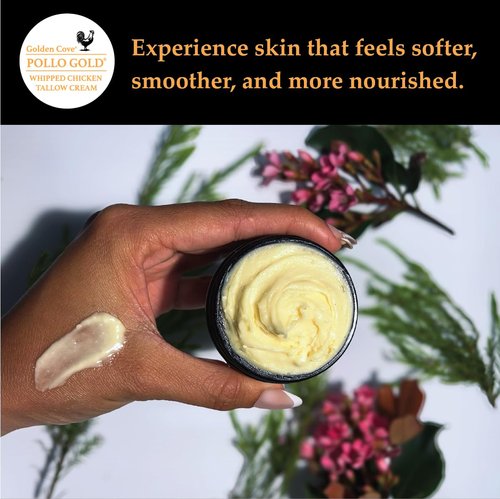 Pollo Gold Whipped Chicken Tallow Cream – Collagen-Rich Organic Face & Body Moisturizer with Olive & Essential Oils | Handmade in USA | For All Skin Types – 2 oz (Vanilla Bean)