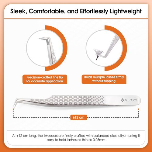 Glory 90 Degree Angle Lash Tweezers for Eyelash Extensions – Precision Fiber Tip Diamond Grip Stainless Steel Lash Tool for Mega Volume, Classic & Professional Lash Tech Supplies