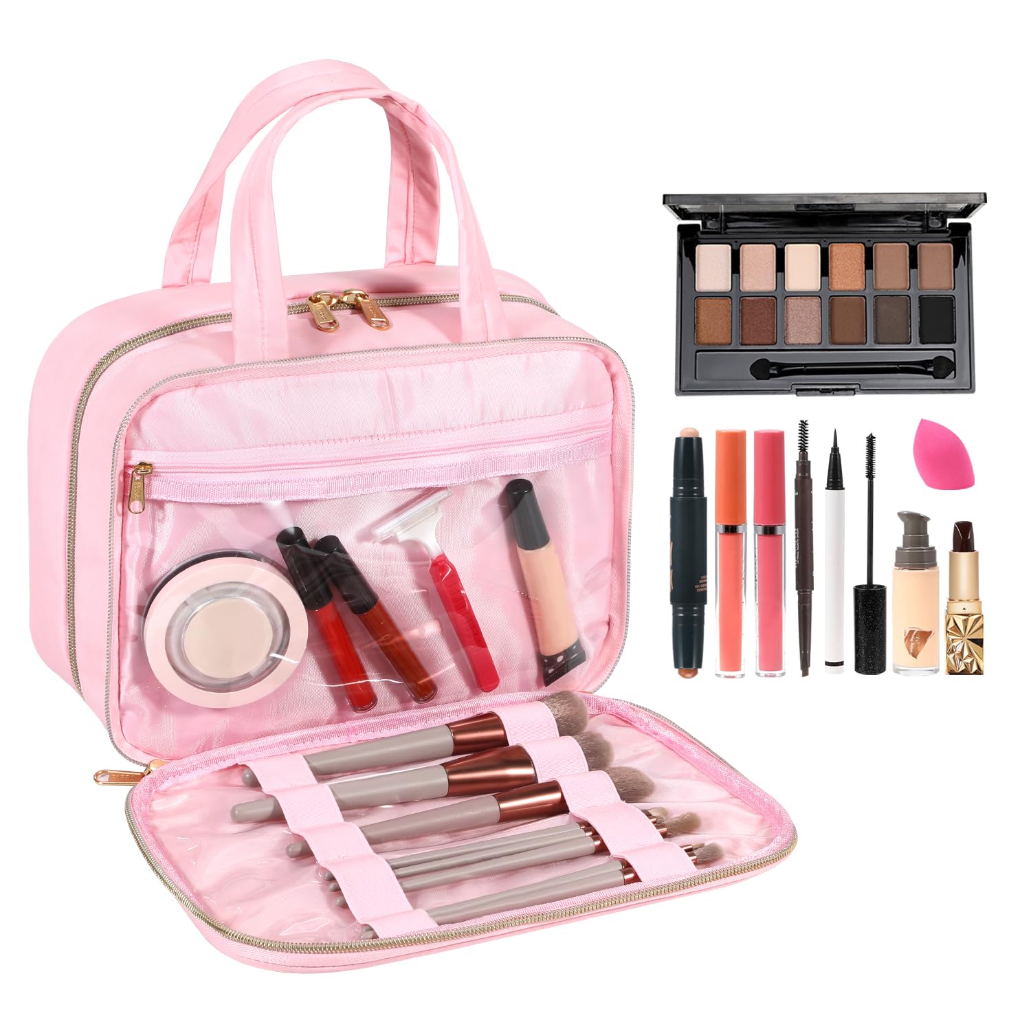 Voova Hanging Travel Toiletry Bag for Women Men, Waterproof Makeup Cosmetic Organizer Holder for Toiletries Accessories, Traveling Essentials,Shampoo,Full-Sized Container, Brushes Kit Set, Pink