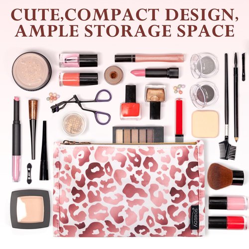 Aosbos Premium Small Makeup Bag, Compact Cosmetic Pouch, Travel-Size Make UP Case for Women, Leopard, Pink