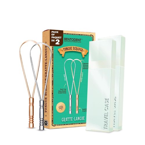 BENTODENT Stainless Steel Tongue Scraper - 2-Pack in Silver & Rose Gold | Travel Case Included, Reduces Bad Breath