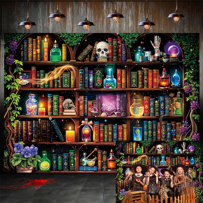 Halloween Scientist Laboratory Backdrop 8x6FT Witch Bookshelf Magic Poison Skull Photo Background Kids Adults