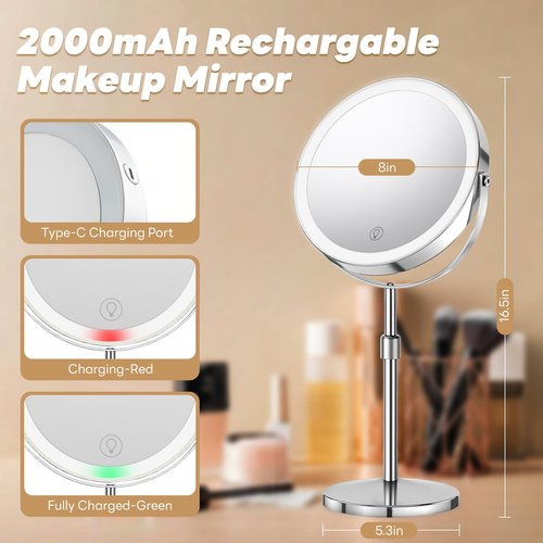 DYETUNY 10x/1x Lighted Vanity Makeup Mirror, 2000mAh Rechargeable Height Adjustable Double Sided, Magnifying Mirror with 3 Color Light, Brightness Adjustable, 360° Rotation, Women Gift