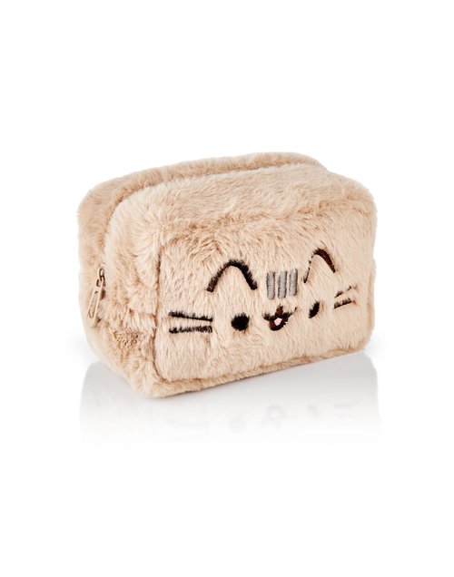 Pusheen Womens Fluffy Makeup Bag | Ladies All Over Fur with Embroidered Logo in Tan | Classic Logo Zip Cosmetic Storage Bag