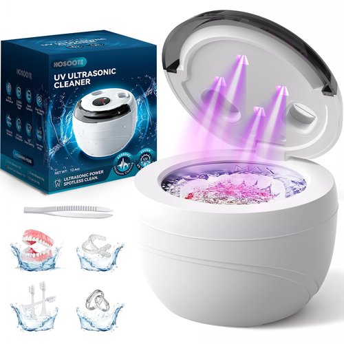 Hosoote Ultrasonic Retainer Cleaner Machine - 45kHz Dental Cleaning Pod for Denture, Mouth Guard, Aligner, Night Guard, Braces, Retainers & Jewelry - Denture Cleaner with 4 Modes & Digital Timer