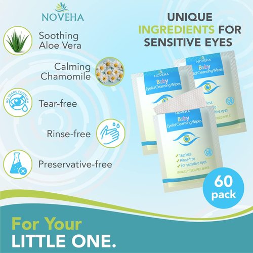 NOVEHA 180Pcs Baby Eyelid & Lash Wipes | Safe & Natural Pack of 60 Pre-moistened Wipes (3 Pack)