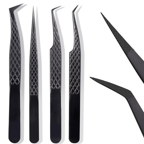 Fiber Tip Lash Tweezers For Eyelash Extension 4 Pcs Tweezers Professional Artist Tech Work Kit Tools,Best Volume Eyelash Lashes Extensions Precision Volume Boot 90 45 Degree(Titanium black)