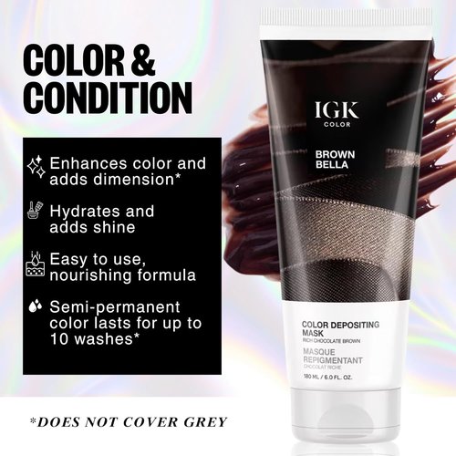 IGK Brown Bella Color Depositing Hair Mask - Chocolate Brown Semi-Permanent Conditioner + Gloss Toner | Hydrating + Shine-Enhancing | Vegan + Cruelty-Free | 6 oz