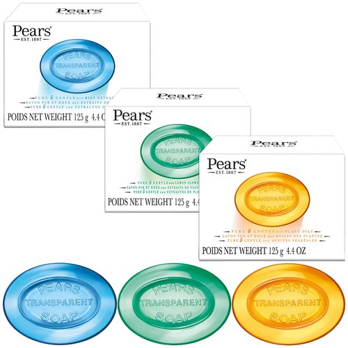 Pears Soap, Pure & Gentle Glycerin Soap Variety 3-Pack – Blue with Mint Extracts, Green with Lemon Flower Extract, and Amber with Natural Oils, 4.4 Oz Ea