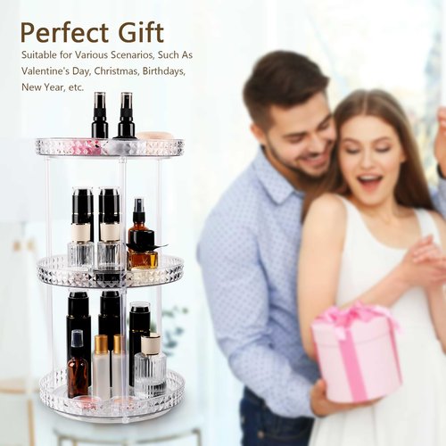 Runivor 360 Clear Rotating Makeup Organize for Vanity,3 Tiers Lazy Susan with Diamond Pattern, Large-Capacity Skincare Organizers Cosmetic Display Case Organizer for Dresser (Clear White, 3Tiers)