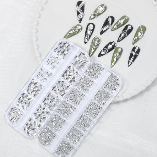 Nail Rhinestones - 3D Multi Shape Size, Flat Back, Manicure Rhinestones Charms, Crystals White Gems, with Kit, for Nail Art, Bedazzling Acrylic Nails, DIY Decor