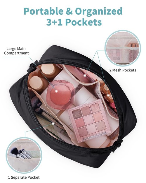 Narwey Quilted Makeup Bag for Women Girl, Puffer Travel Cosmetic Bag Puffy Make Up Bag Organizer, Cute Travel Toiletry Bag for Toiletries (Black)