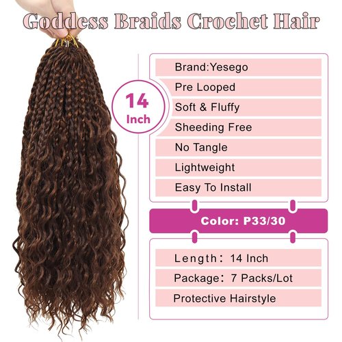 Goddess Bohemian Box Braids Crochet Hair 7 Packs 14 Inch Boho Crochet Braids for Black Women Pre Looped Braiding Hair with Curly Ends, P33/30