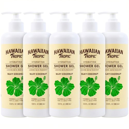 Hawaiian Tropic Hydrating Shower Gel, Body Wash 5 Pack, 380ml Bottle, Silky Coconut Scent, SLS Free, Paraben Free, Hotel Bathroom Amenities, Bulk Size, Air Bnb, Guest Bathroom Essentials, Airbnb