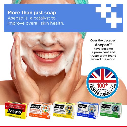 Asepso Antibacterial Original Bar Soap – 4 Pack 80g/2.8 oz Each, Gentle Cleansing for Healthy Skin, Fight Skin and Heat Rash