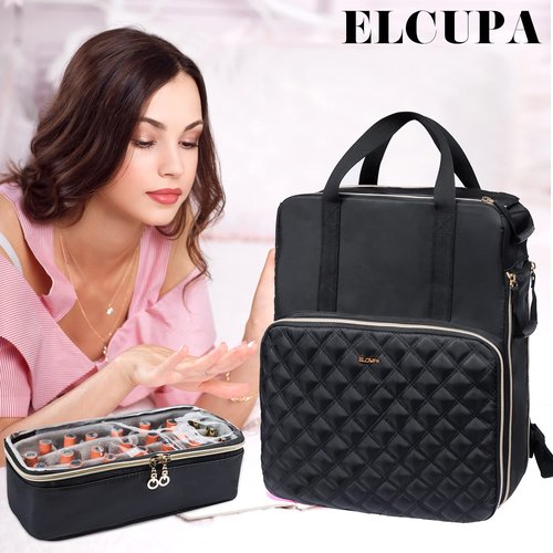 ELCUPA Nail Polish Organizer Backpack Holds 84-93 Bottles and a Nail Lamp, Nail Tech Storage Case Large Nail Polish Bag with 3 Removable Boxes and Tools Organizer Sections(Black)