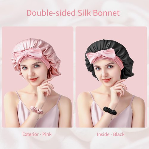 SILMANA Silk Bonnet for Sleeping Women, 22 Momme 100% Mulberry Silk Sleep Cap with 2 Matching Silk Scrunchies, Double-Sided Wearable Hair Bonnet for Night Hair Care and All Hair Types - Pink