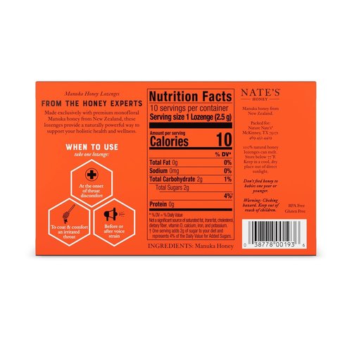 Nate's Manuka Honey Lozenges MGO 83+ - Soothing Throat Relief with New Zealand Honey | 10-Count Pack