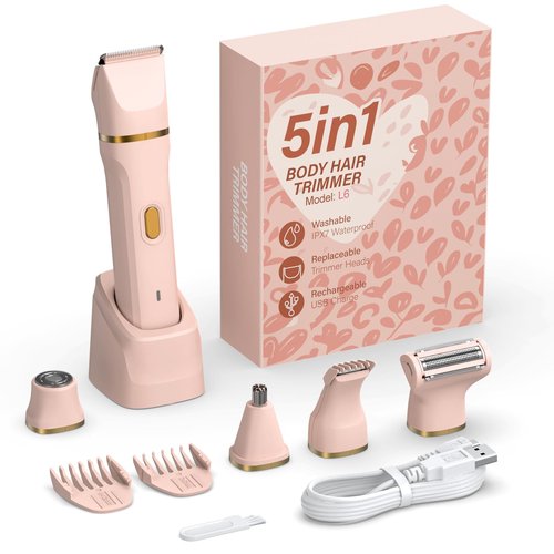 HOHOLE 5-in-1 Bikini Trimmer for Women, IPX7 Waterproof Electric Razors Shaver, Cordless Body Hair Trimmer, Facial & Pubic Hair Removal, Ceramic Blade (Blush)